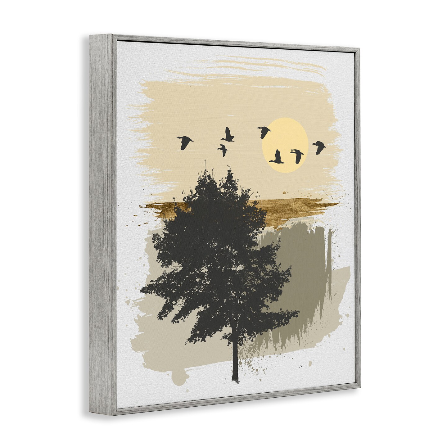 Birds Flying Over Tree Quick Abstract Grunge Painting Framed Giclee Art