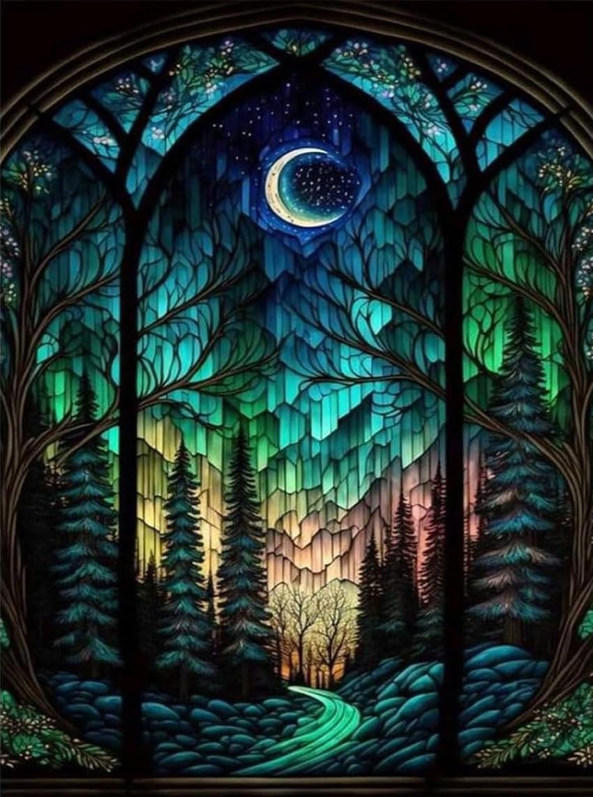 Click to see full view Starry Night Stamped Cross Stitch Kits - Tree Counted Cross Stitch Kits for Beginners Adults Needlepoint Moon Cross-Stitch