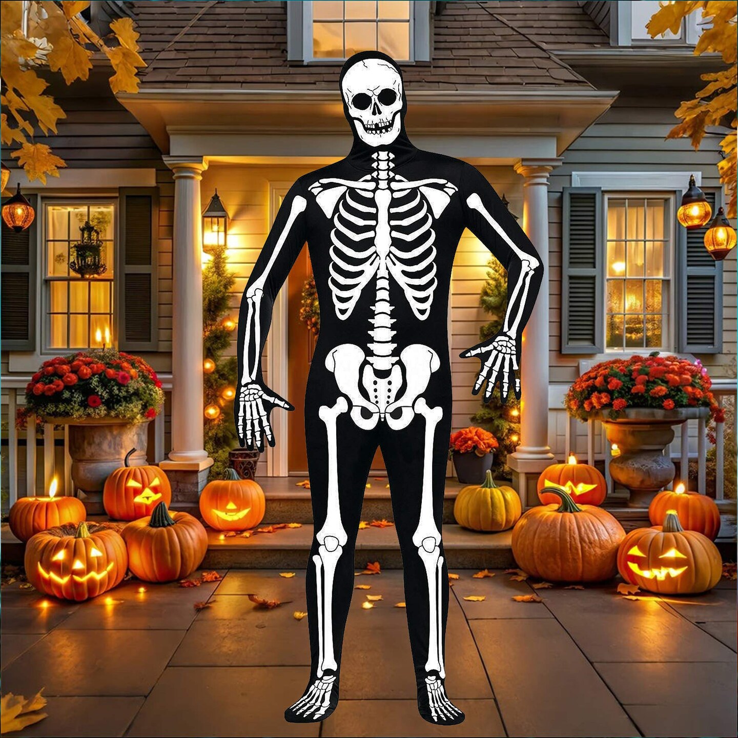 Boy&#x27;s Skull N Bones Morphsuit Costume with Full Hooded Skeleton Print Design