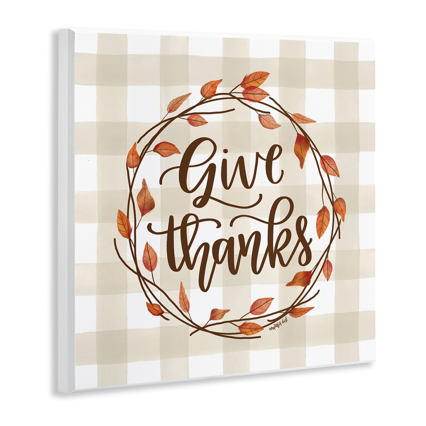 Give Thanks Neutral Plaid Autumn Leaves Wreath Wall Plaque Art