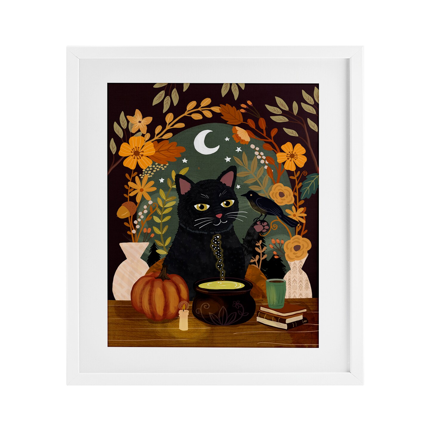 Autumnal Cat &#x26; Cauldron Framed Print Under Glass Art