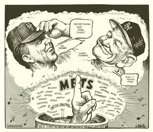 Framed Art 1986 Mets: Gil Hodges & Casey Stengel by Bill Gallo - Iconic MLB