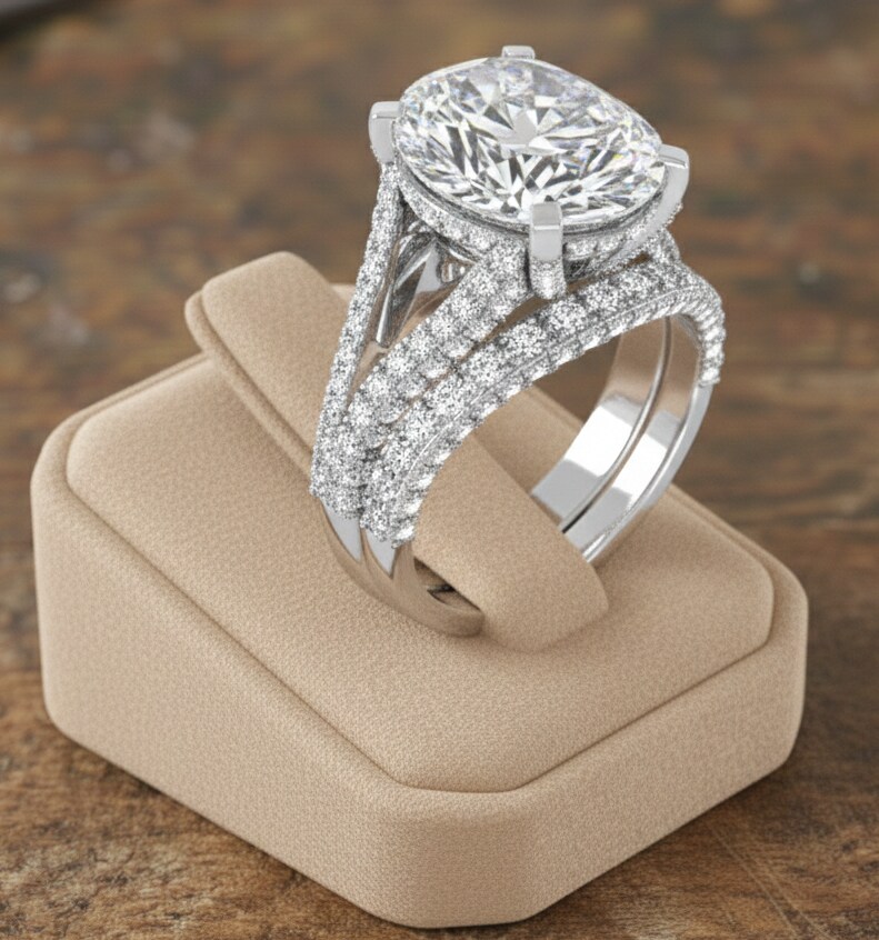 Large Oval Natural Diamond Wedding Ring Set with Band Authentic