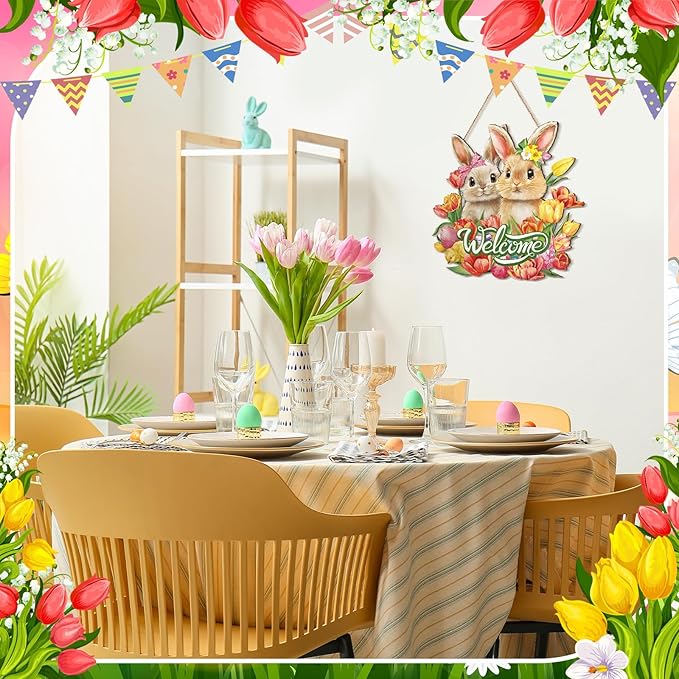 Easter Wreaths for Front Door Bunny Welcome Wood Sign Door Hanger Spring Decorations Easter Hanging Plaque Rabbit Sign Decorations for Home Coffee Shop Garden