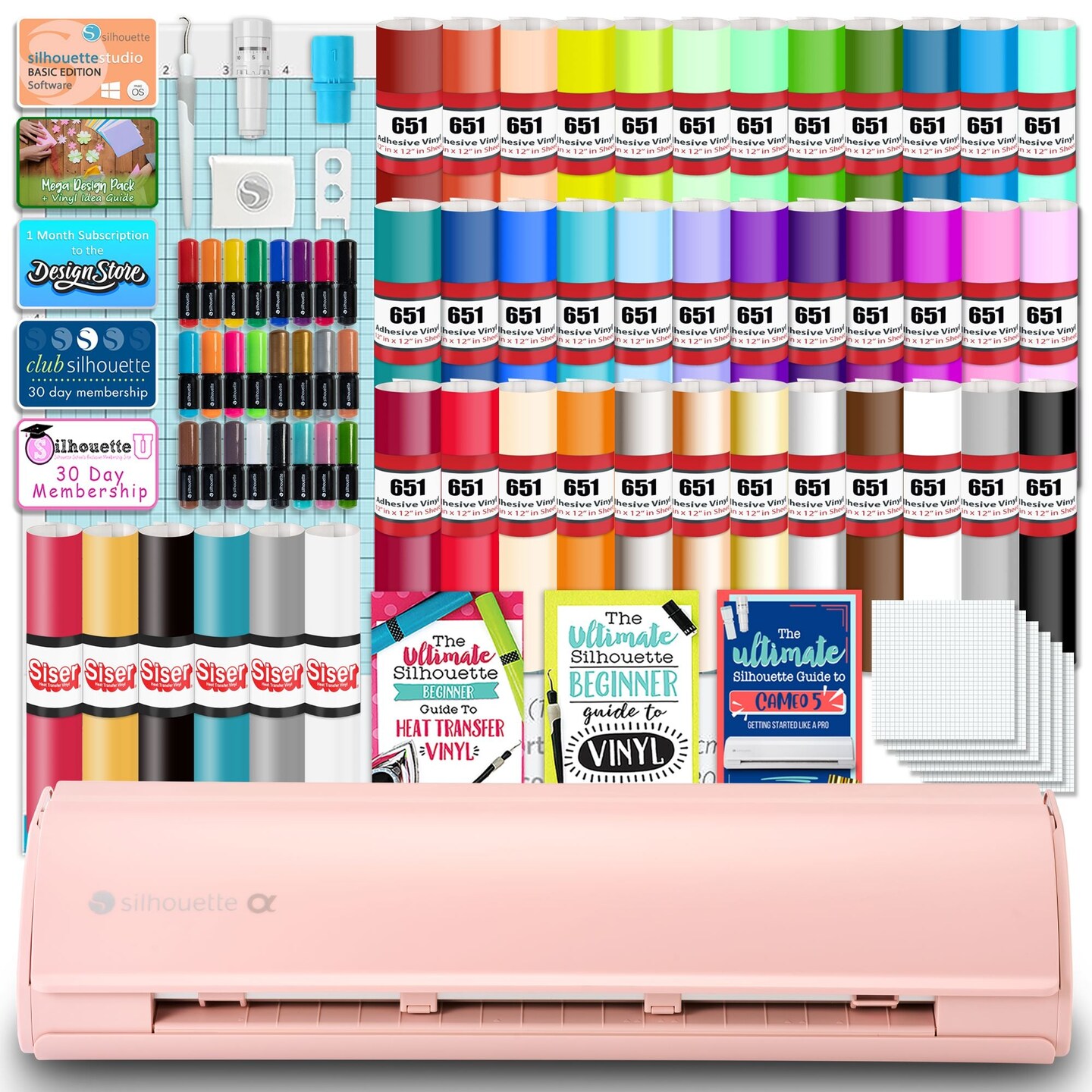 Silhouette Pink Cameo 5α Alpha w/ 38 Oracal Sheets, Siser HTV, Guides, 24 Pens