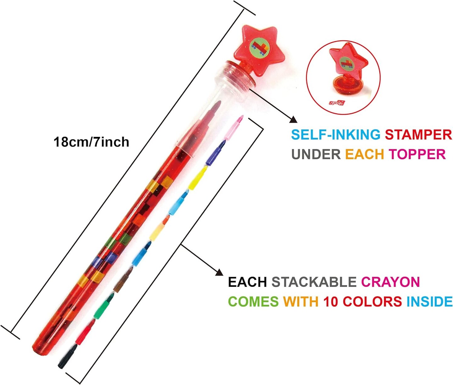 TINYMILLS 24 Pcs Color Blocks Bricks 2 in 1 Stacking Crayons with Stamp Topper