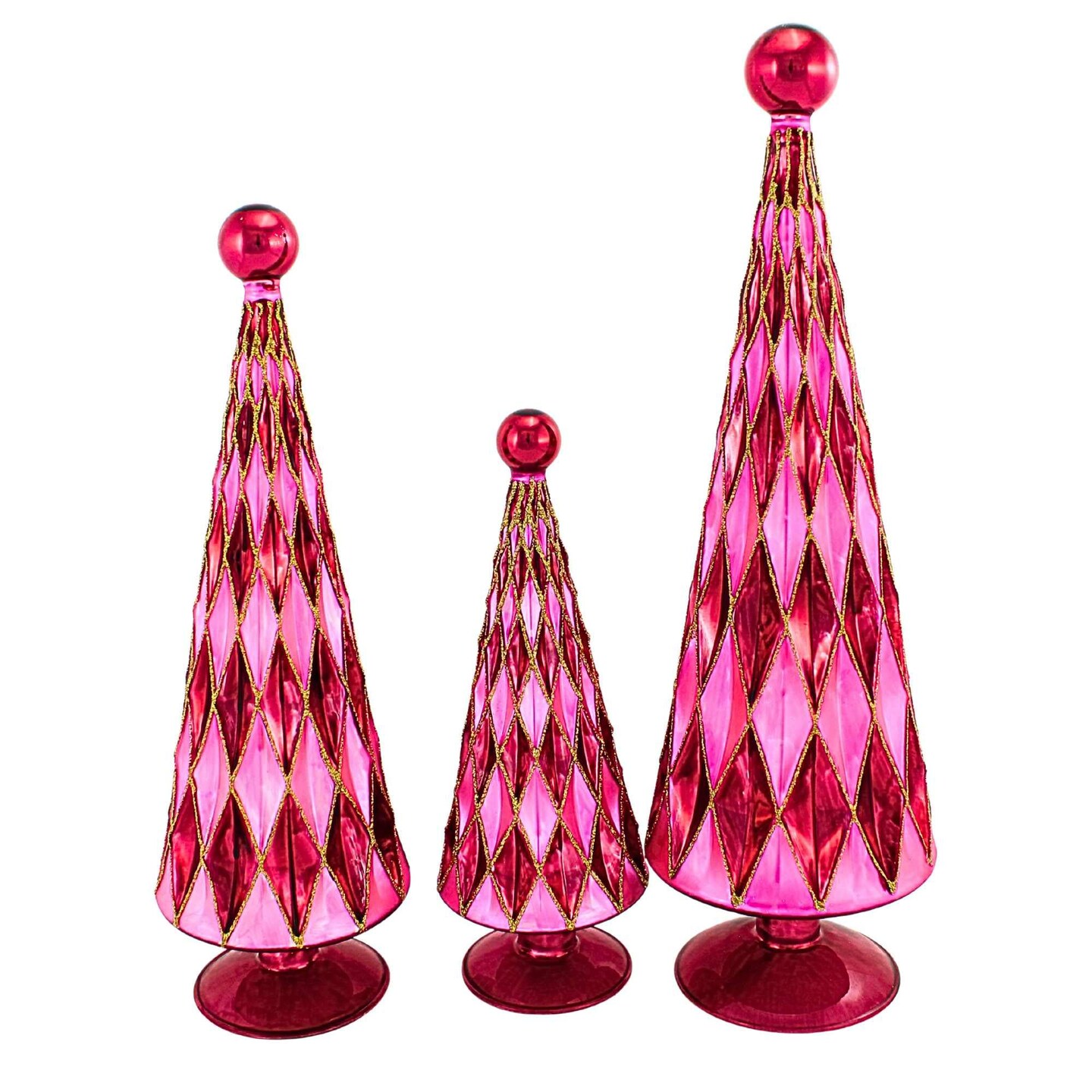 Cody Foster 14.5 Inch Diamond Trees Burgundy Pink Christmas Decorative Tree Set , Mid Century Style Reflective