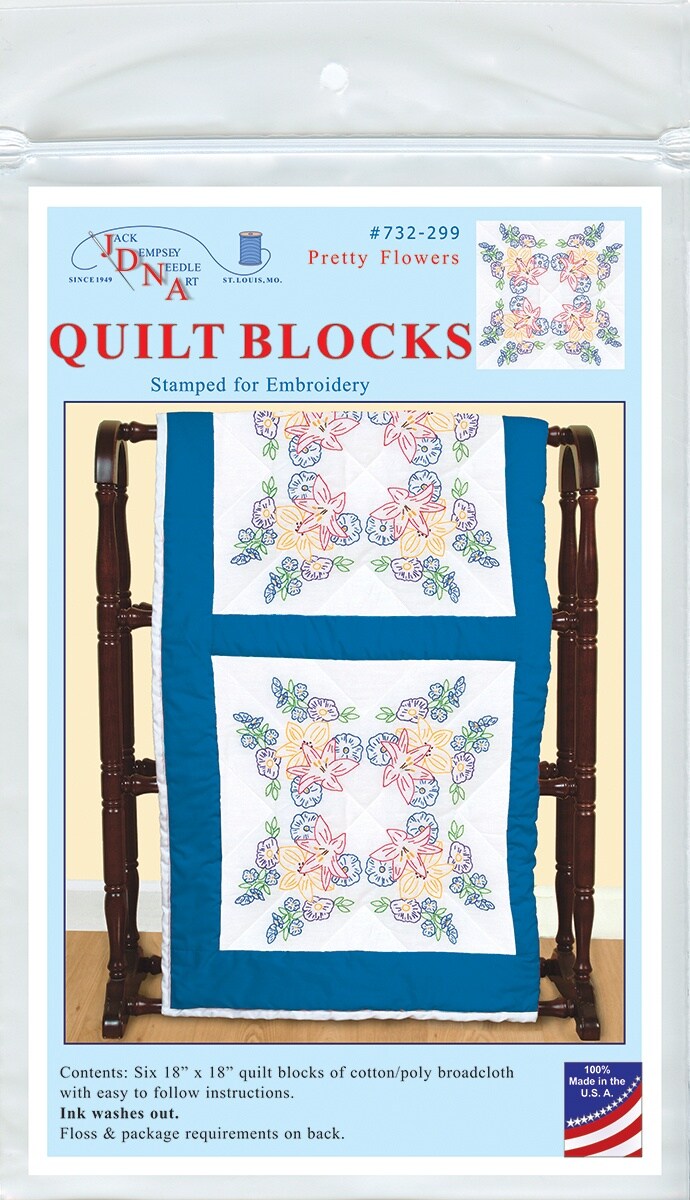 Jack Dempsey Stamped White Quilt Blocks 18"X18" 6/Pkg-Pretty Flowers