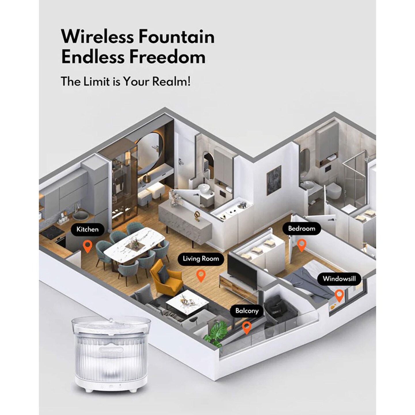 Wireless Pet Fountain White ABS Material Cordless Hydration System for Pets 8.66" x 6.50" x 6.10"