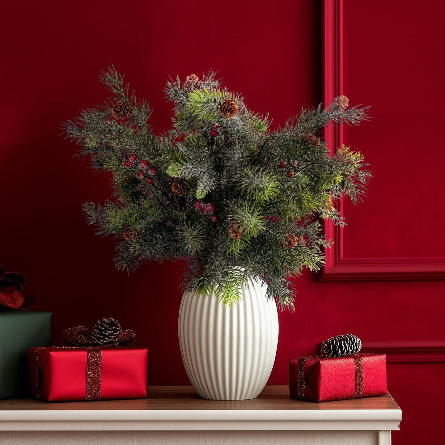 Red Berry Snowy Pine Cones Fake Greenery Stems Picks(Type-4)