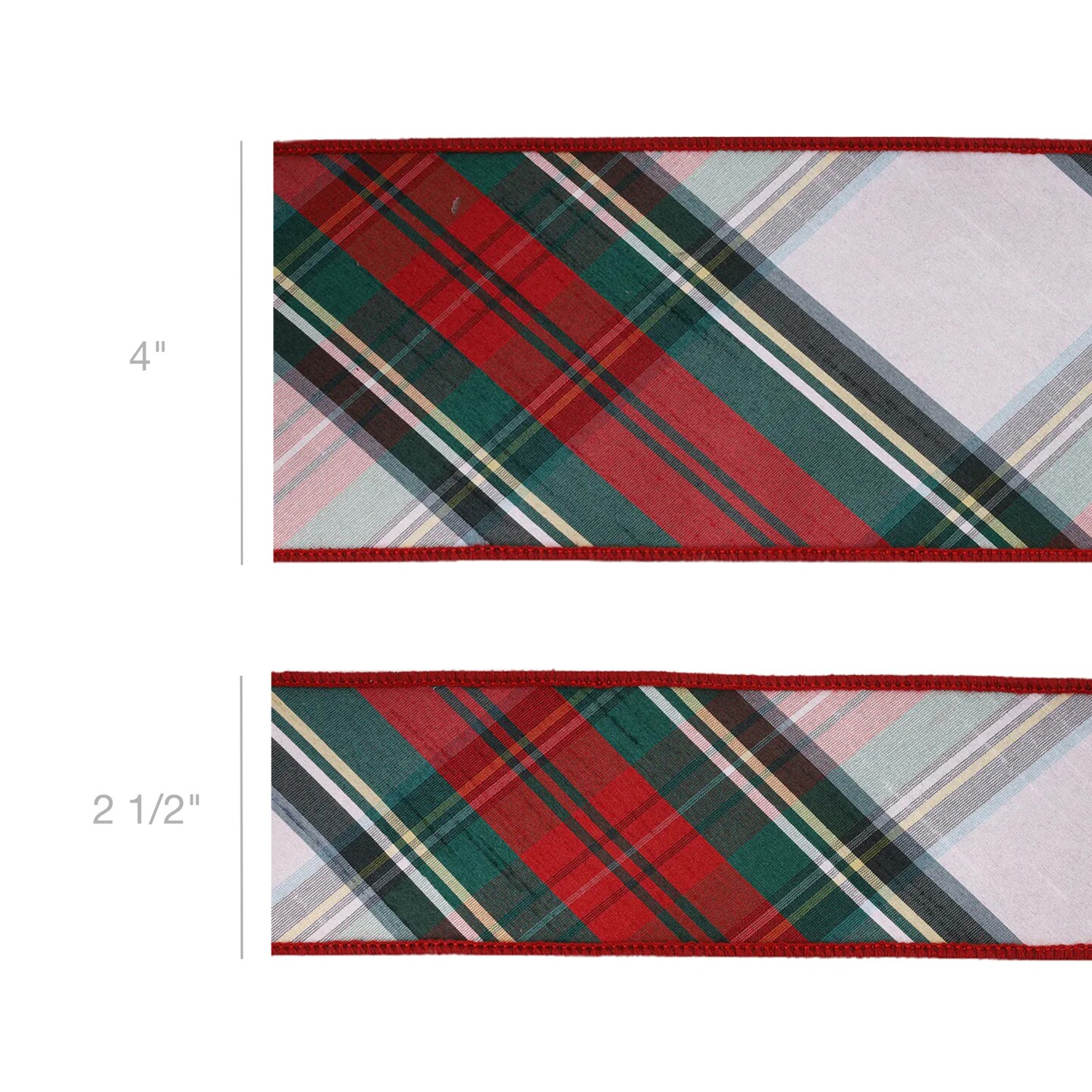 LaRibbons 4&#x22; - 2 1/2&#x22; Wired Dupioni Ribbon | Burgundy/Green/White Plaid Bias Cut | 5 Yard Roll