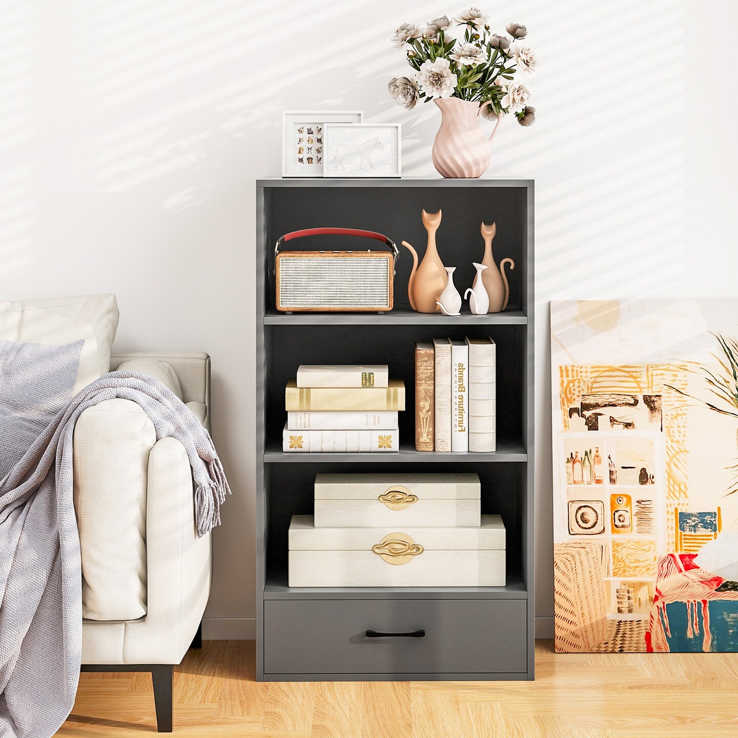 Costway 4-Tier Bookcase 48&#x27;&#x27; Display Bookshelf Storage Organizer with Shelves &#x26; Drawer Grey/White/Natural