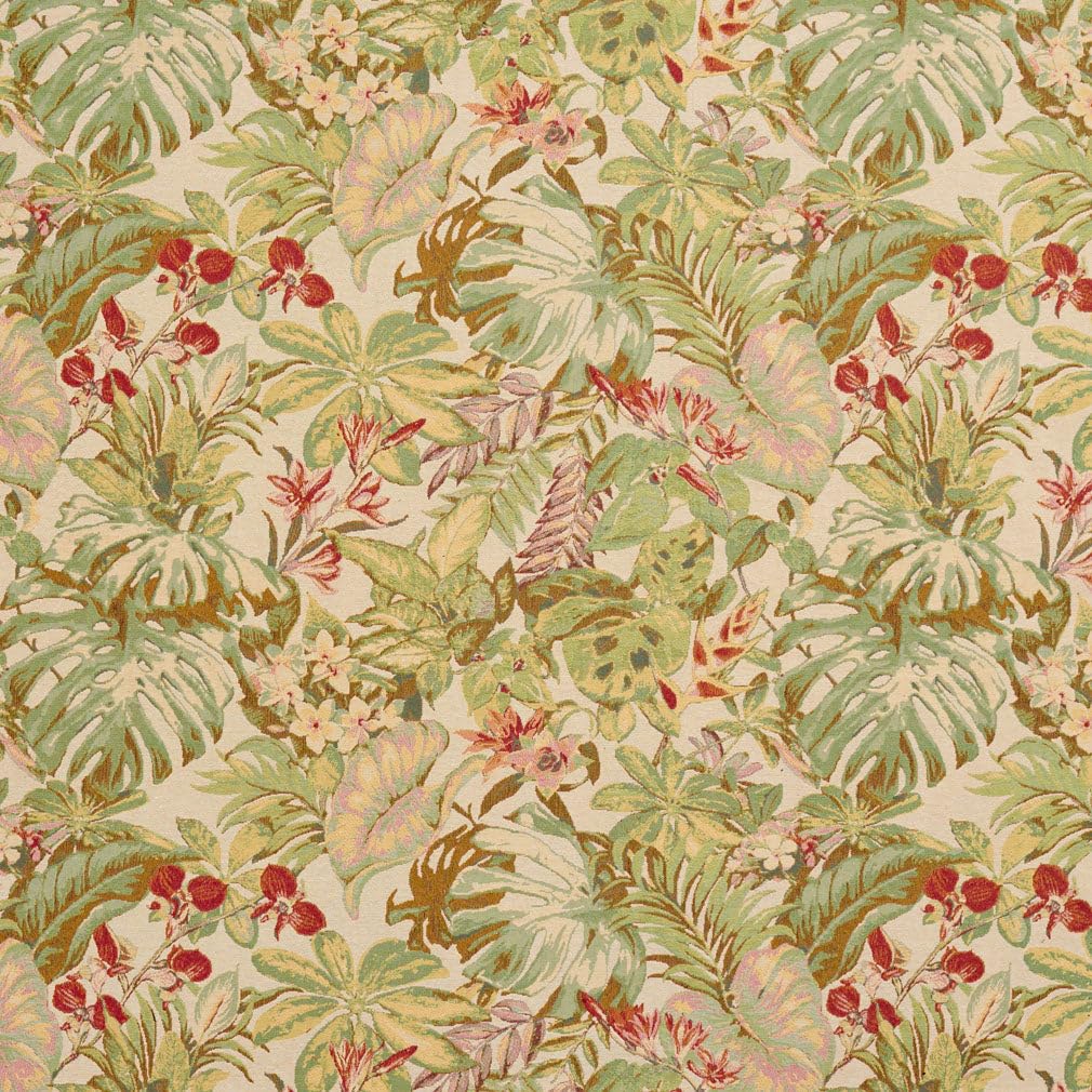 Green Red Leaves Botanical Woven Pattern Upholstery Fabric by The Yard - SKU: Bonnie Orchid