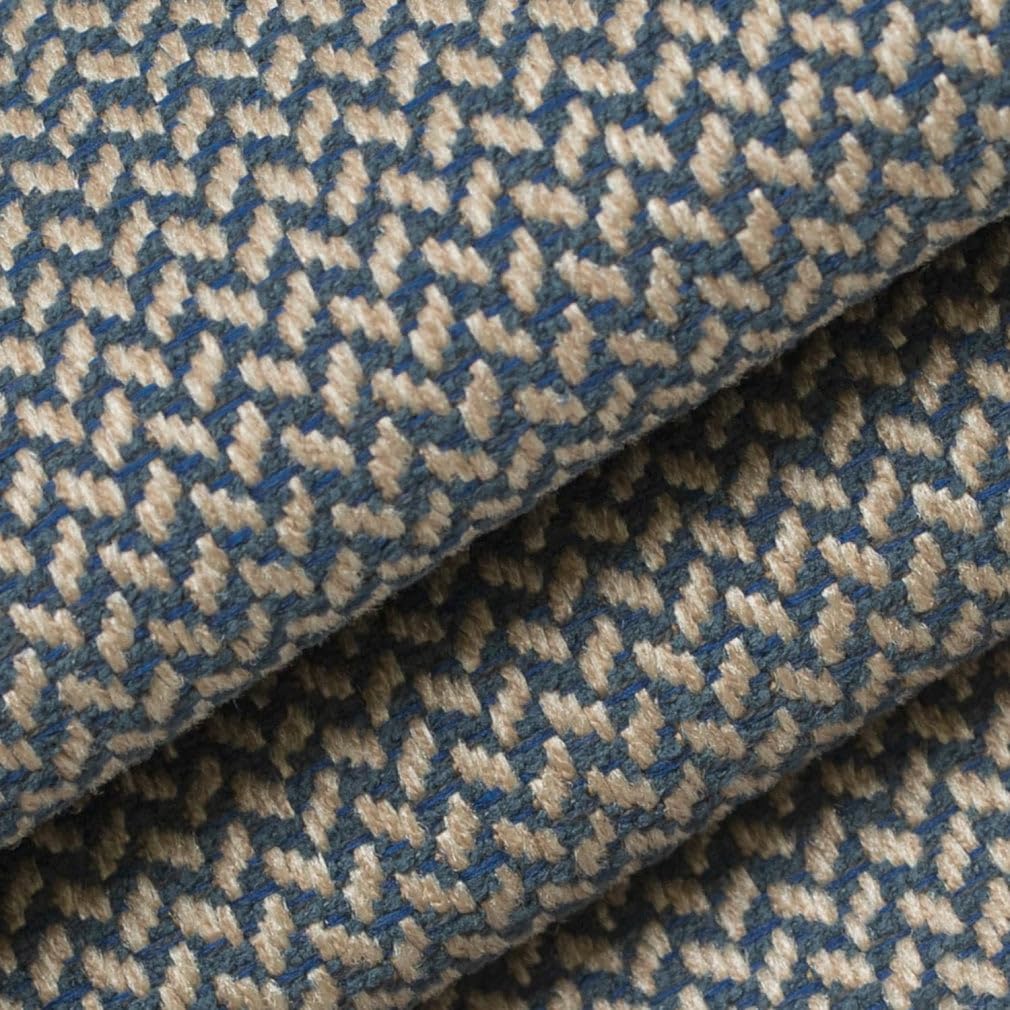 Blue Performance Pet Friendly Herringbone Textured Tweed Upholstery Fabric by The Yard - SKU: Fowler Navy