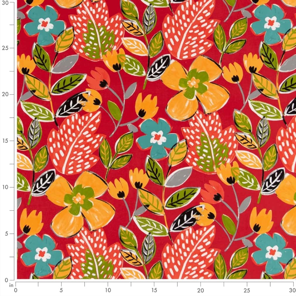 Red Stain Resistant Performance Pet Friendly Floral Print Upholstery Fabric by The Yard - SKU: Zanzibar Poppy
