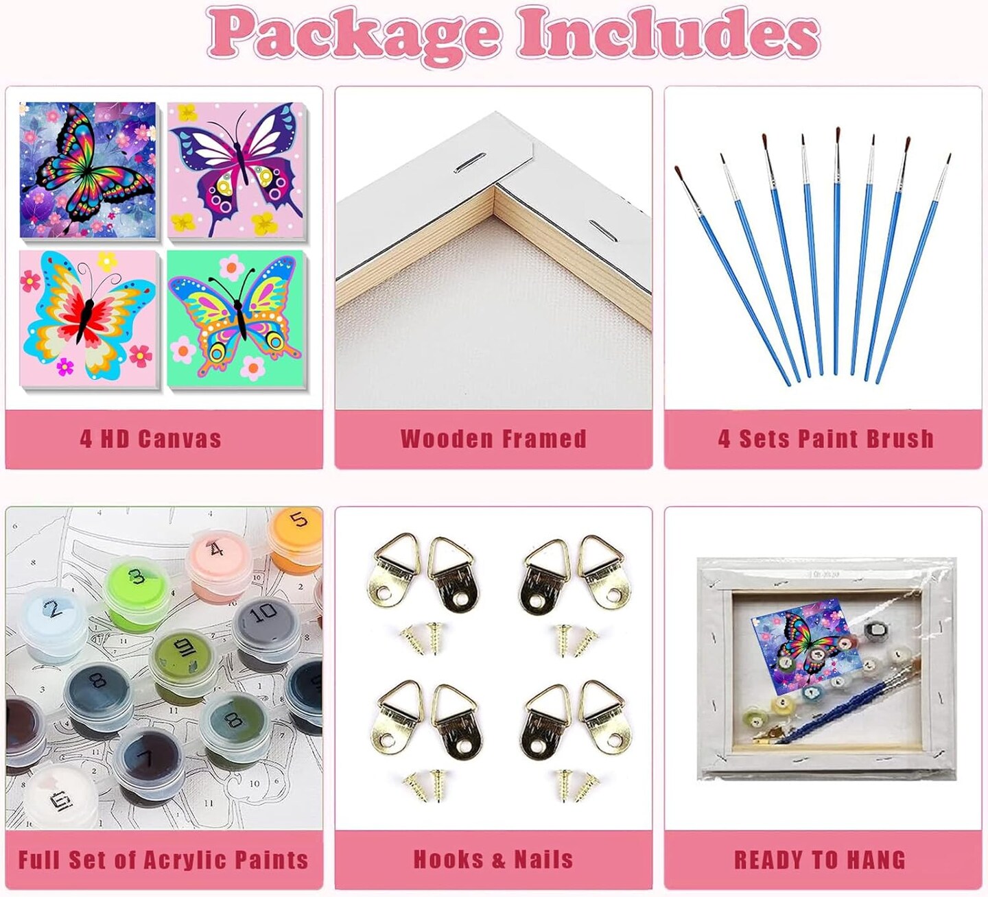 4PCS Butterfly Paint by Numbers Kits for Kids – 8x8in DIY Canvas with Wooden Frame, Ages 4-12