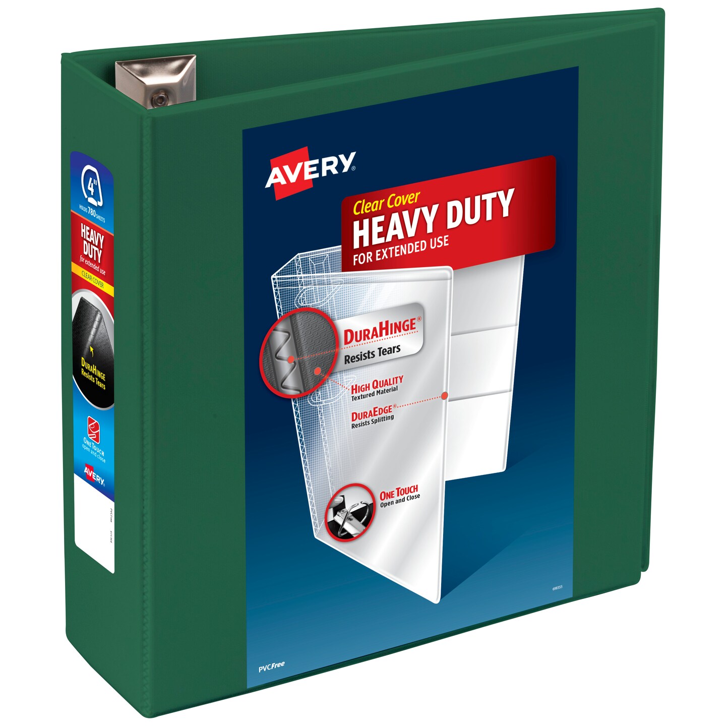 Avery Heavy-Duty View 3 Ring Binder, 4 Inch One Touch EZD Rings, 780-Sheet Capacity, 4.5 Inch Wide Spine, Customizable Clear Cover and Spine, 1 Green Binder (79110)