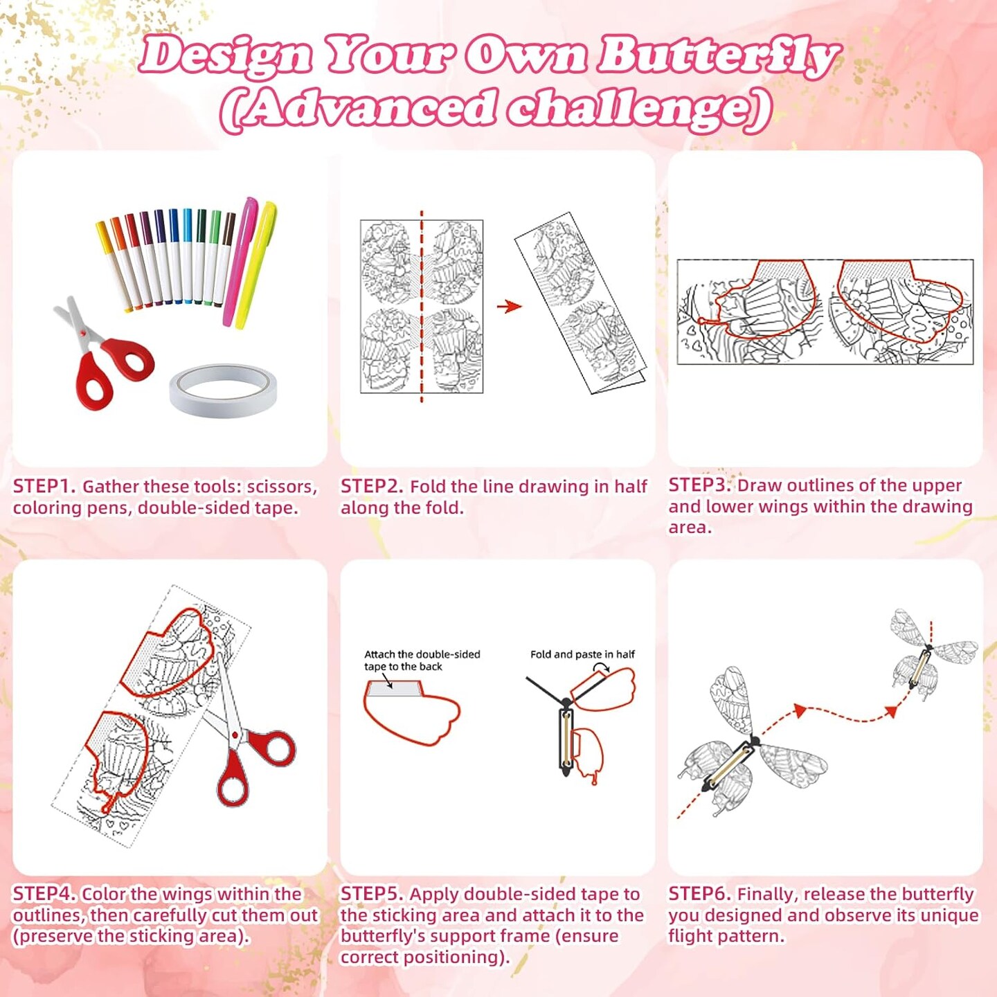 Painting Butterfly Activity Craft Kit for Kids, 24 Paper Butterflies and 12 Color Pens, Rubber Band Wind Up Butterfly Toy, Make Your Own Magic Flying Butterfly, Party Game,School Activity,Surprise Card