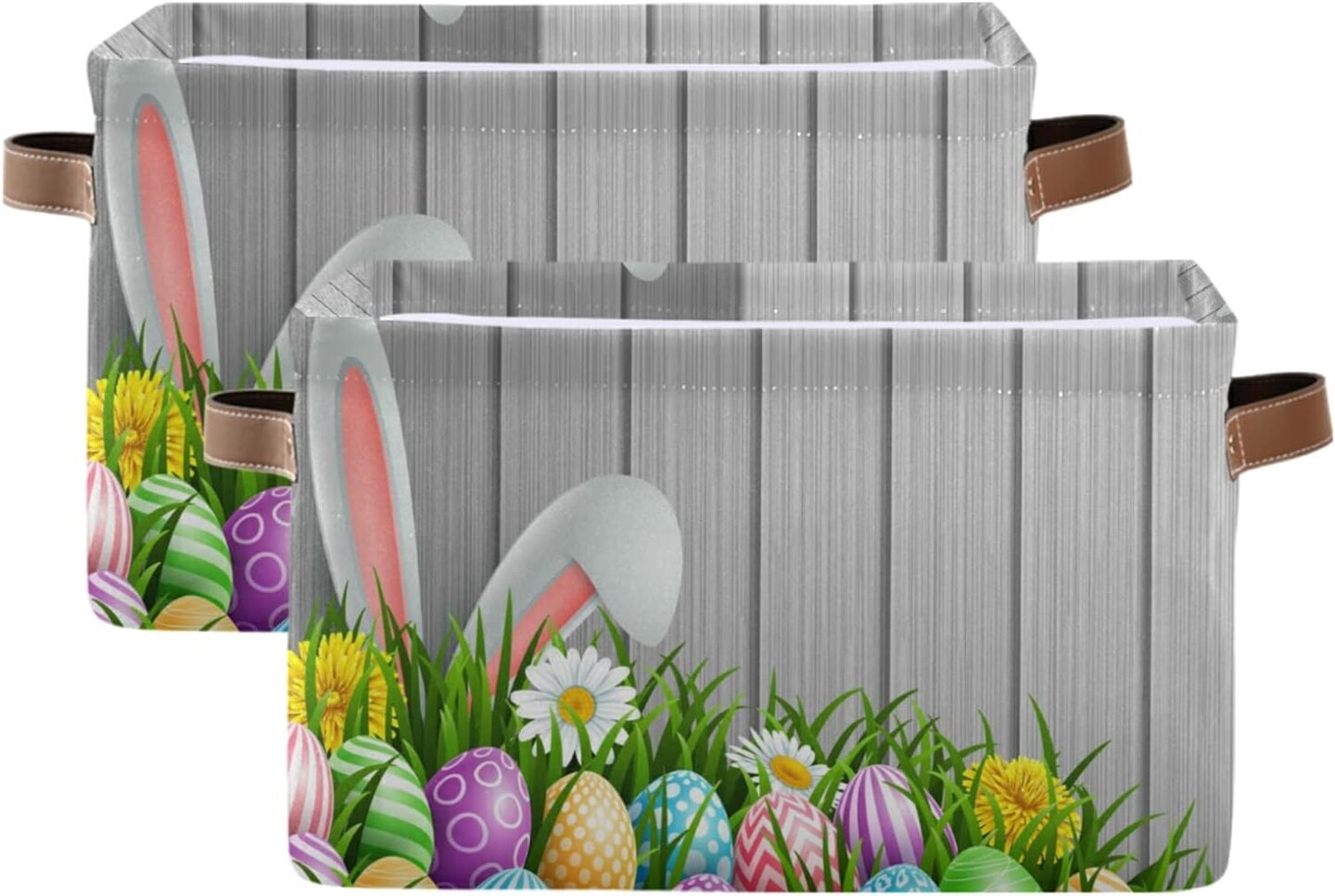 Easter Storage Basket with Handles, Easter Bunny Ears Flowers Wood Large Foldable Fabric Collapsible Storage Bins Organizer Bag for Storage