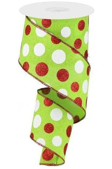 2.5&#x22; Multi Glitter Dots Ribbon: Lime Green, Red, White (10 Yards)