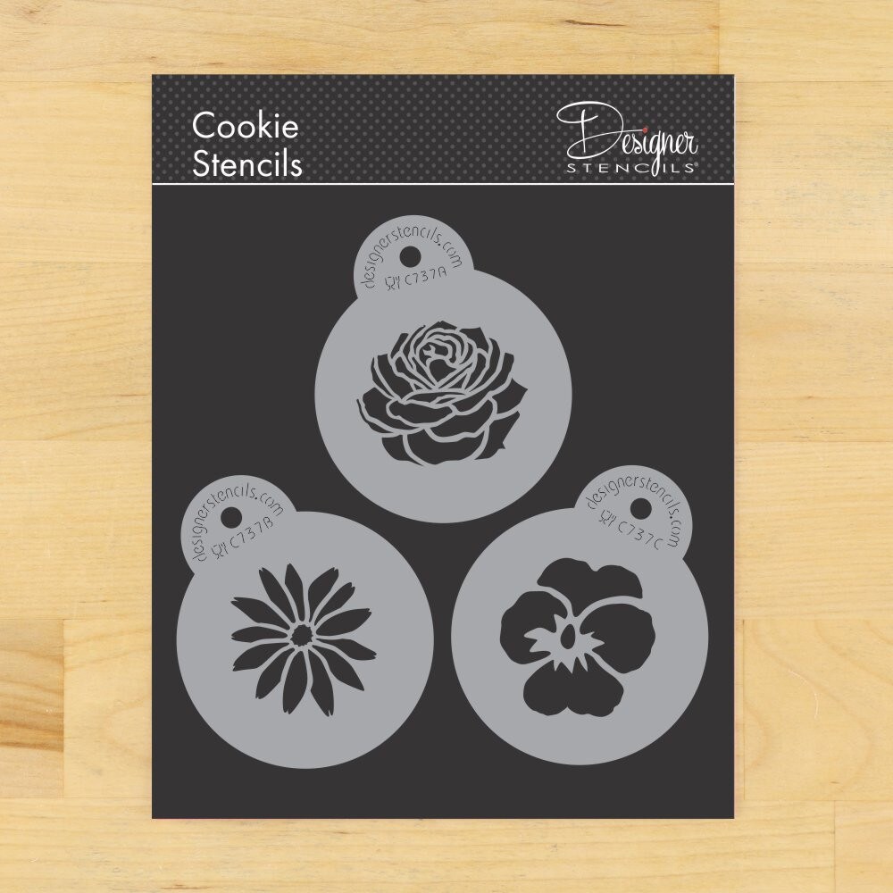 Garden Flowers Cookie Stencil Set | C737 by Designer Stencils | Cookie Decorating Tools | Baking Stencils for Royal Icing, Airbrush, Dusting Powder | Reusable Plastic Food Grade Stencil for Cookies | Easy to Use & Clean Cookie Stencil
