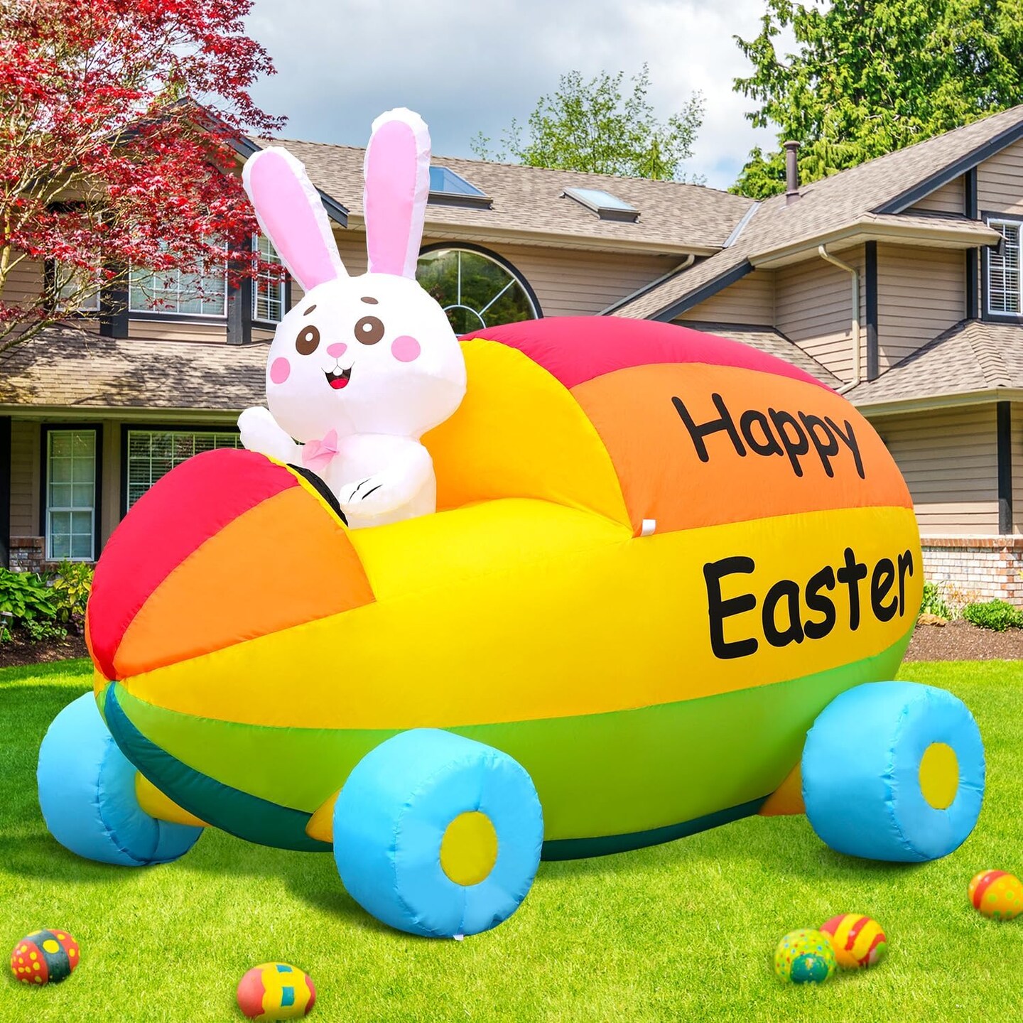 2025 New Huge Easter Inflatable Bunny Driving Car Outdoor Decorations, Build-in LED Lights Holiday Blow Up Yard Decoration, for Easter Holiday Party, Outdoor,Garden, Yard Lawn D&#xE9;cor