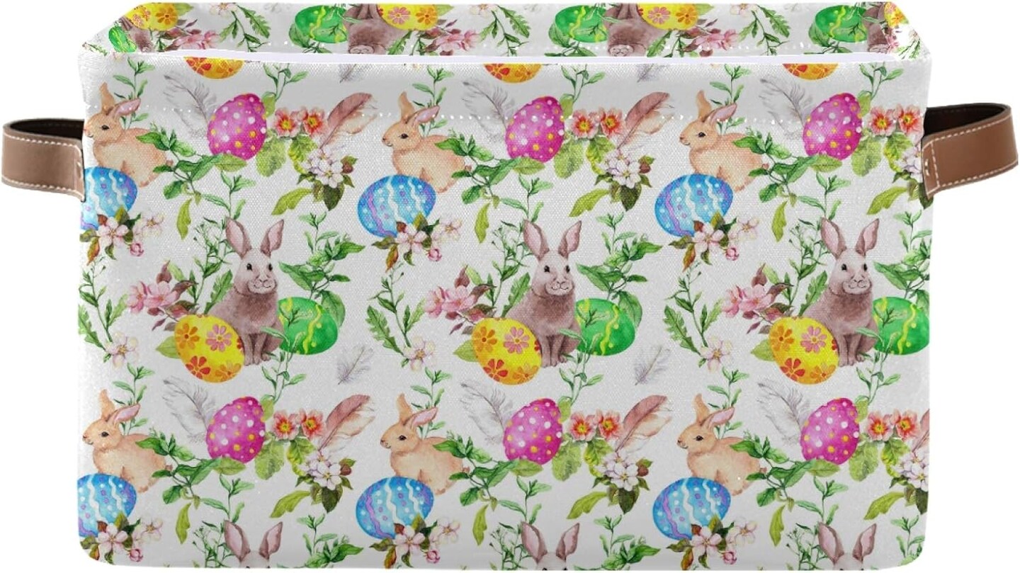 Easter Basket Storage, Box with Handles Easter Bunny Eggs in Grass Flowers Fabric Collapsible Storage Bins