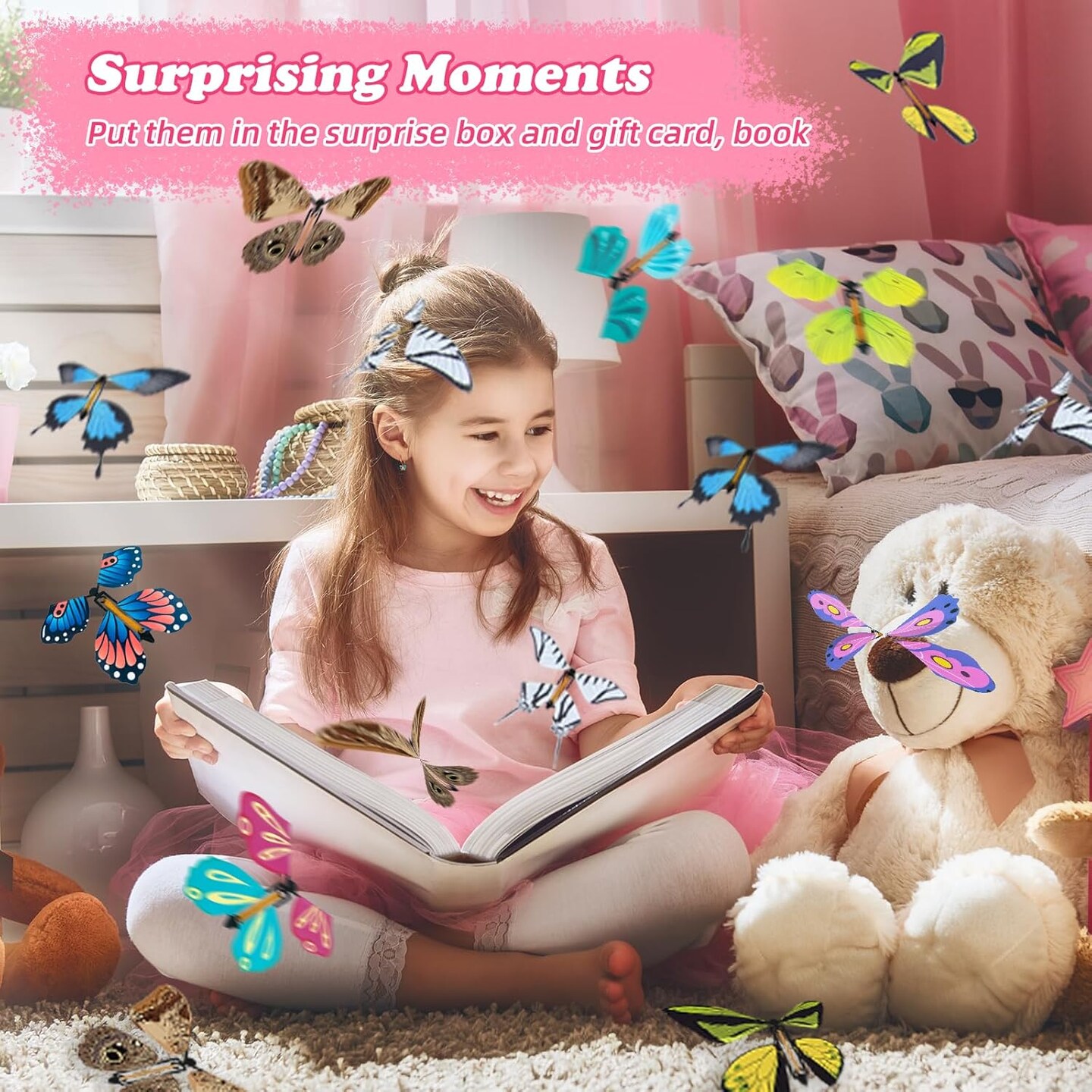Painting Butterfly Activity Craft Kit for Kids, 24 Paper Butterflies and 12 Color Pens, Rubber Band Wind Up Butterfly Toy, Make Your Own Magic Flying Butterfly, Party Game,School Activity,Surprise Card