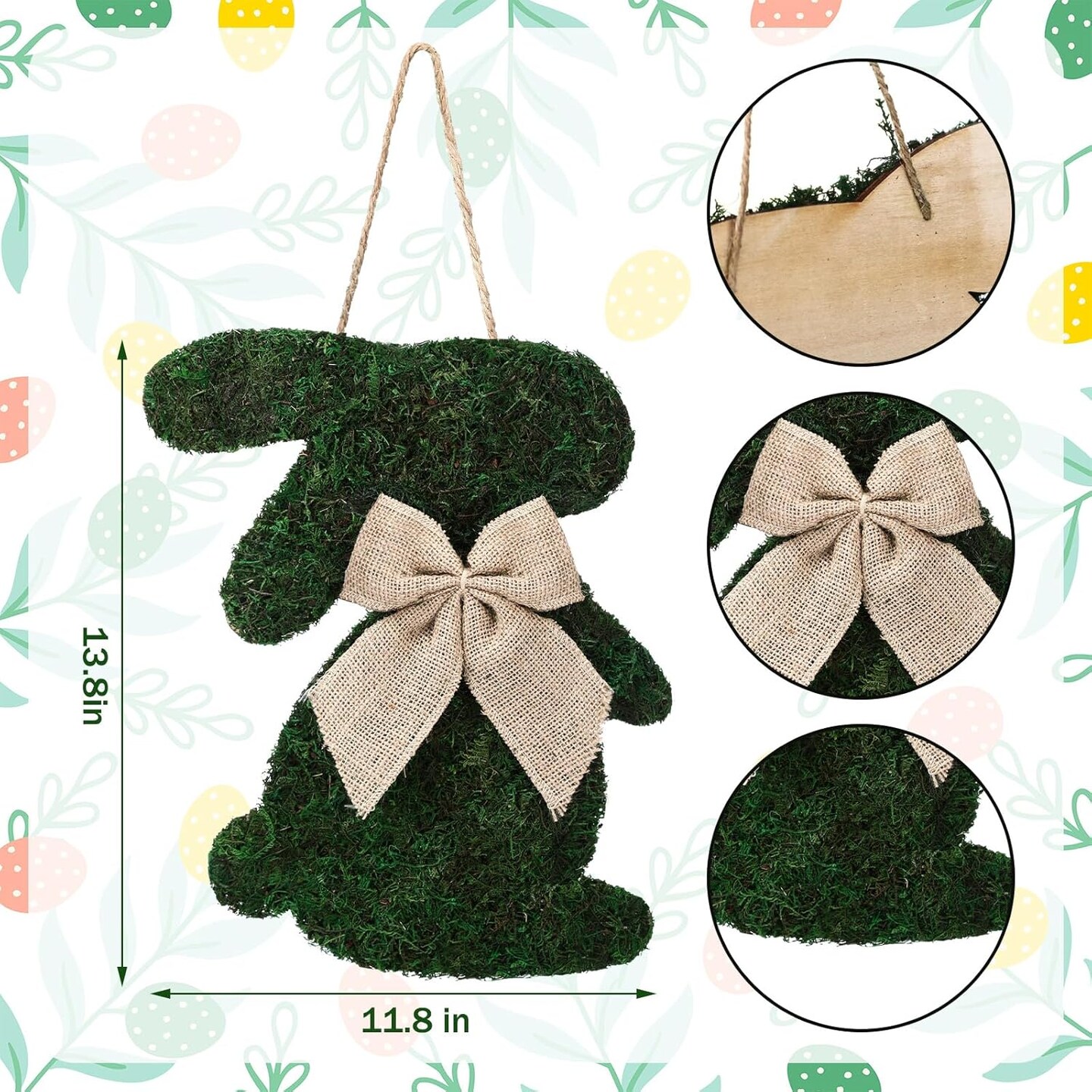 Easter Moss Bunny Wreath for Front Door – Faux Moss Wooden Bunny Sign with Burlap Bow, Spring Farmhouse Hanging Decor for Porch, Wall, Indoor & Outdoor