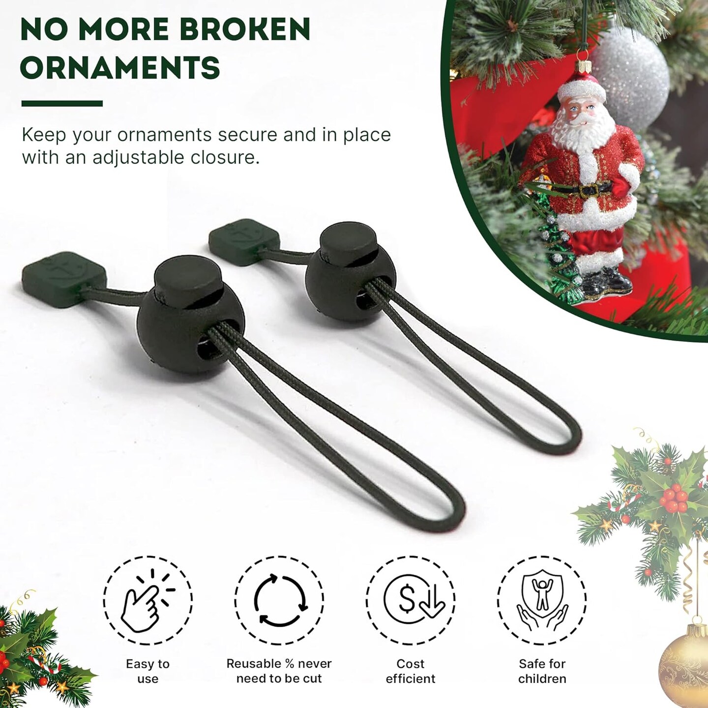 Ornament Hooks for Hanging Christmas Decorations - No-Slip Hanging Hooks for Xmas - Heavy Duty Christmas Tree Ornaments Hanger Hooks for Small & Large Ornaments (Green,