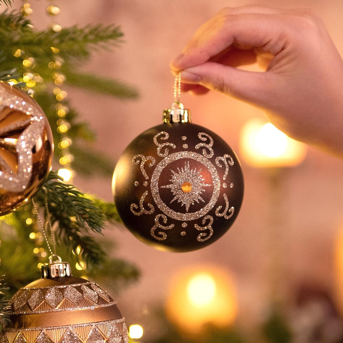 Ornaments for Christmas Tree Decorations, 16ct Bronze Copper and Gold Shatterproof Fall Christmas Tree Ornaments Set, 3.15 Inches Luxury Brown Hanging Ball Decor Bulk for Xmas