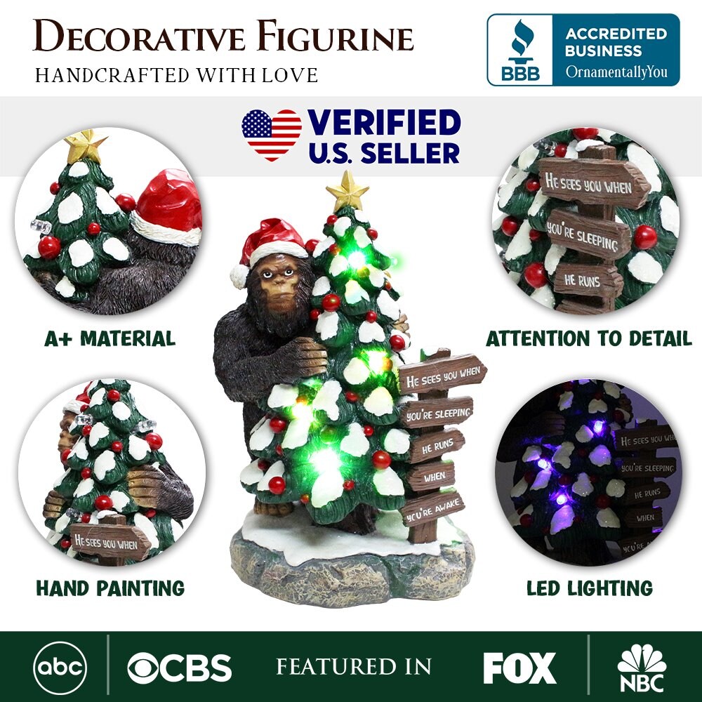 Whimsical Bigfoot Behind Christmas Tree Figurine, 7.5&#x22; Funny Holiday Yeti LED Statue, He Sees You When You&#x27;re Sleeping