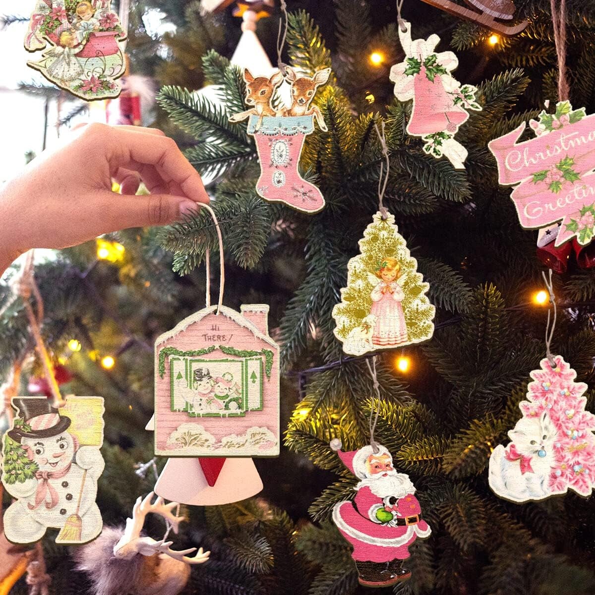 27Pcs Vintage Christmas Ornaments-Pink Christmas Decoration Vintage Style Santa Claus Snowman Deer Hanging Wooden Signs Pink Christmas Ornaments for Tree(Pink Christmas)