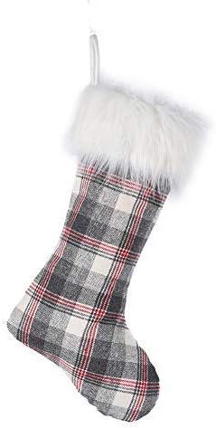 2024 Personalized Christmas Stocking Ornaments, Xmas White-Grey Plaid Christmas Socks Plush Faux Fur, Home Decorations Gifts 21 inch