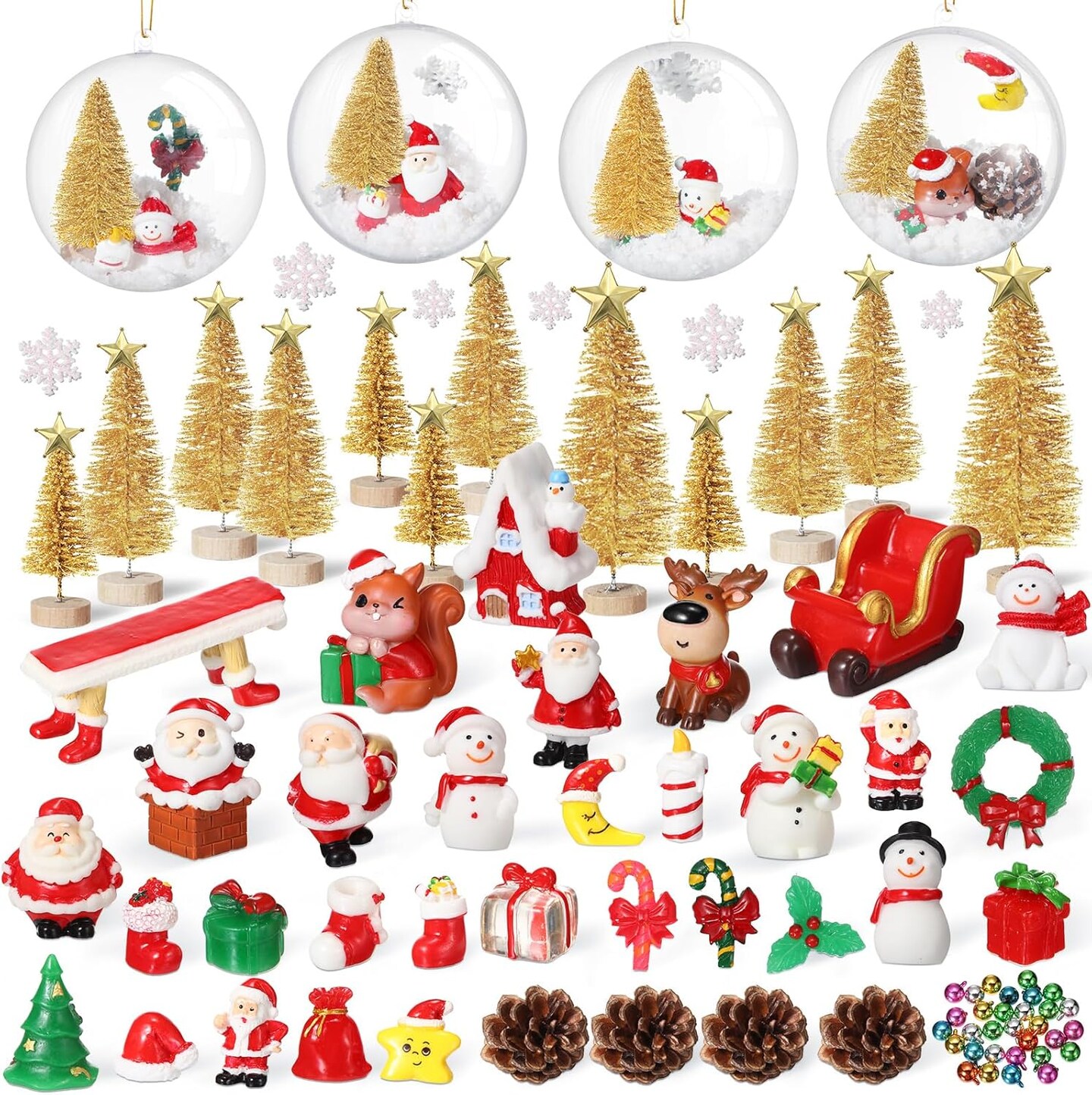96 Pcs Miniature Ornaments for Snow Globe Kit DIY Christmas Village Decoration Christmas Figurines Mini Christmas Ornaments with Snowman Reindeer Santa Claus Snowflake(Gold)