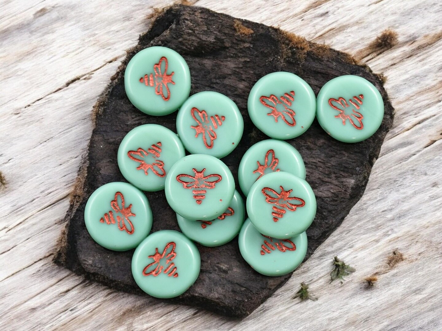 *12* 12mm Copper Washed Opaque Turquoise Bee Coin Beads