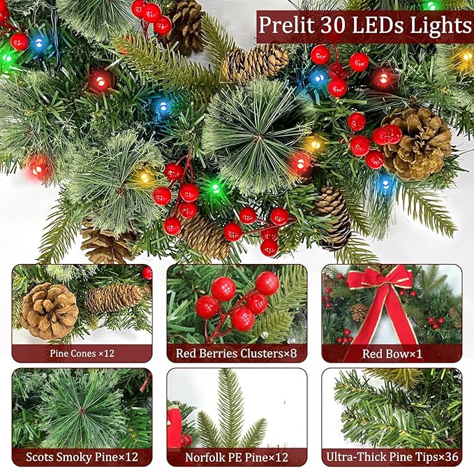 Dual Color Change &#x26; 8 Modes &#x26; Timer 16 Inch Prelit Christmas Wreath with 30 Warm White &#x26; Colored Lights Pinecones Berried Red Bow Xmas Norfolk Pine Wreath Christmas Wreaths for Front Door Wall Window