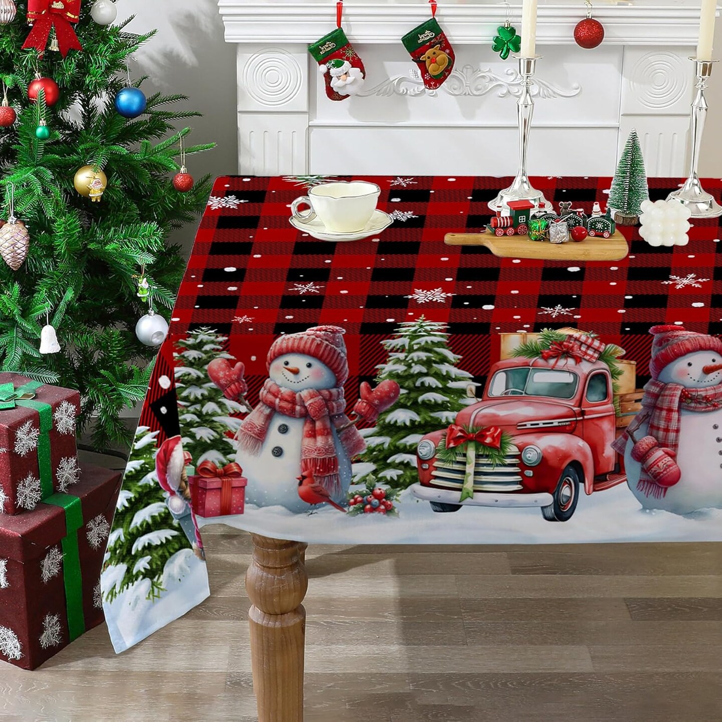 Christmas Tablecloth 60x84 Inches for Rectangle Tables - Red Plaid Christmas Decor for Table - Snowman Water Resistant Xmas Table Cloth, Chrismtas Party Decorations for Kitchen, Home