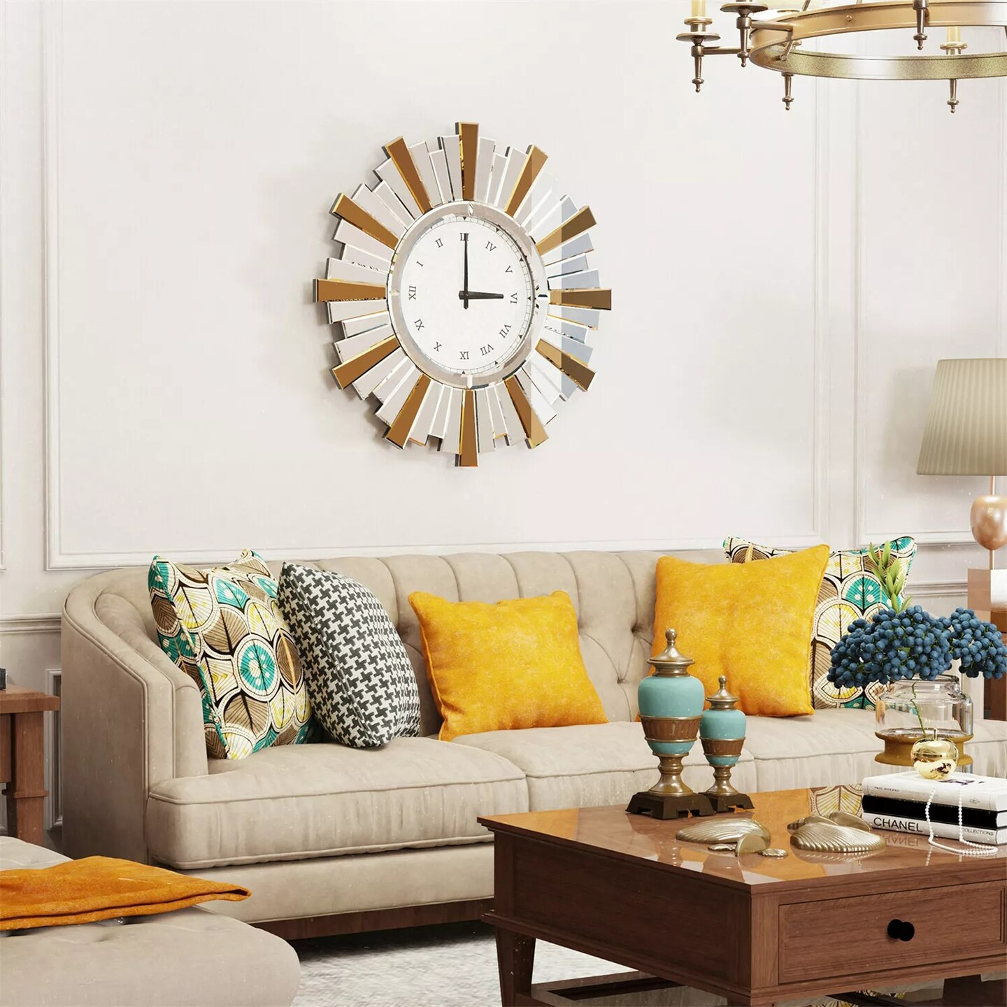 24 x 24 in Round Mirror Clock Glass Beveled Indoor Home Furniture Roman Numerals