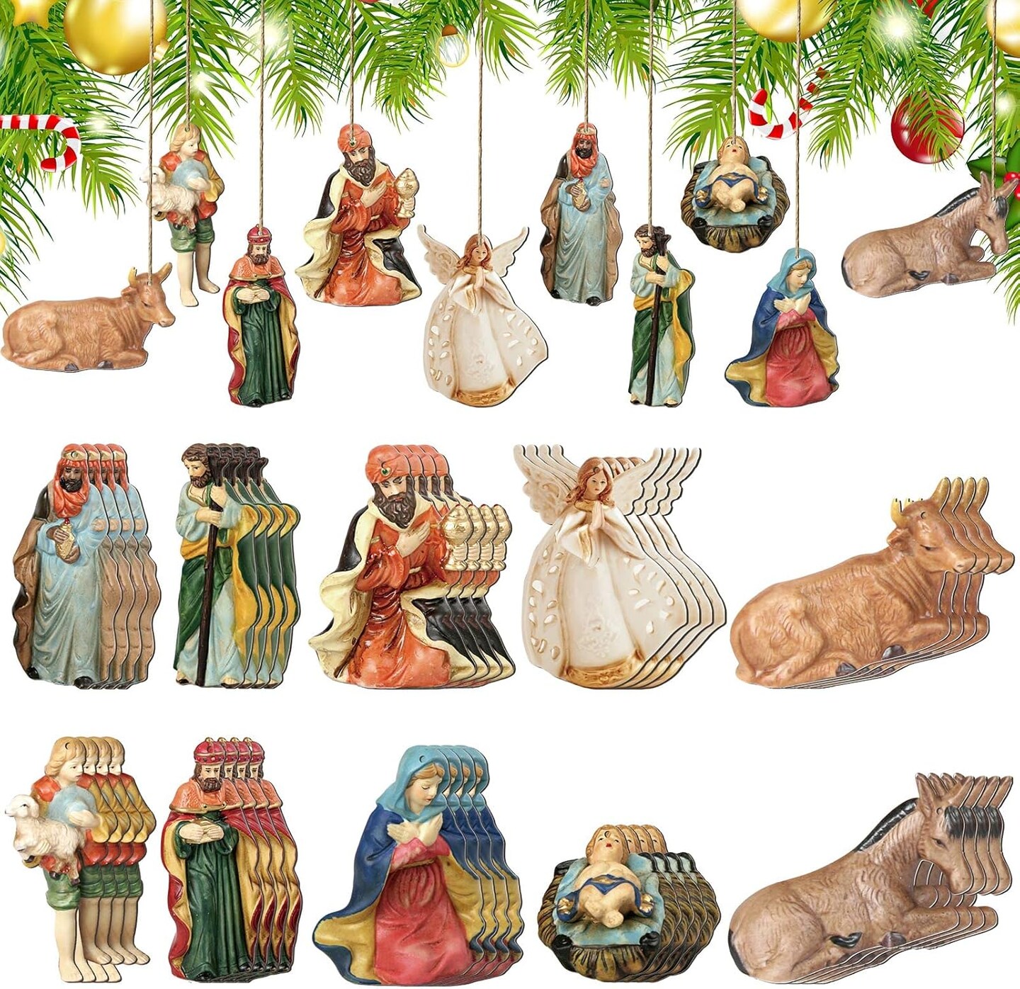 40 Pieces Christmas Nativity Scene Vintage Ornament Religious Christmas Tree Ornaments Jesus Wooden Hanging Decoration for Christmas Tree Farmhouse Holiday Religious Decorations Gifts (Slicing Style)