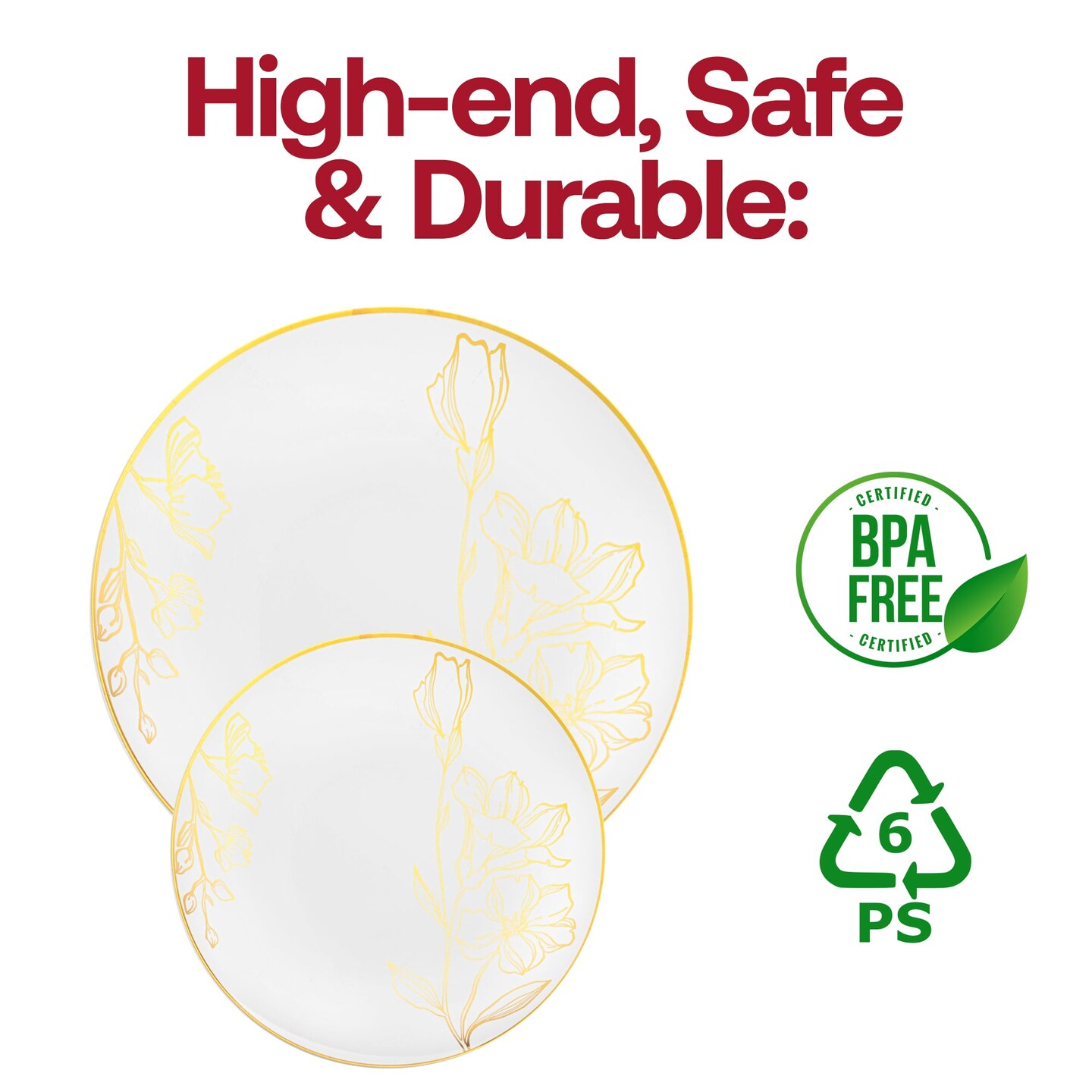 White with Gold Antique Floral Round Disposable Plastic Dinner Plates - 10.25&#x22; (120 Plates)