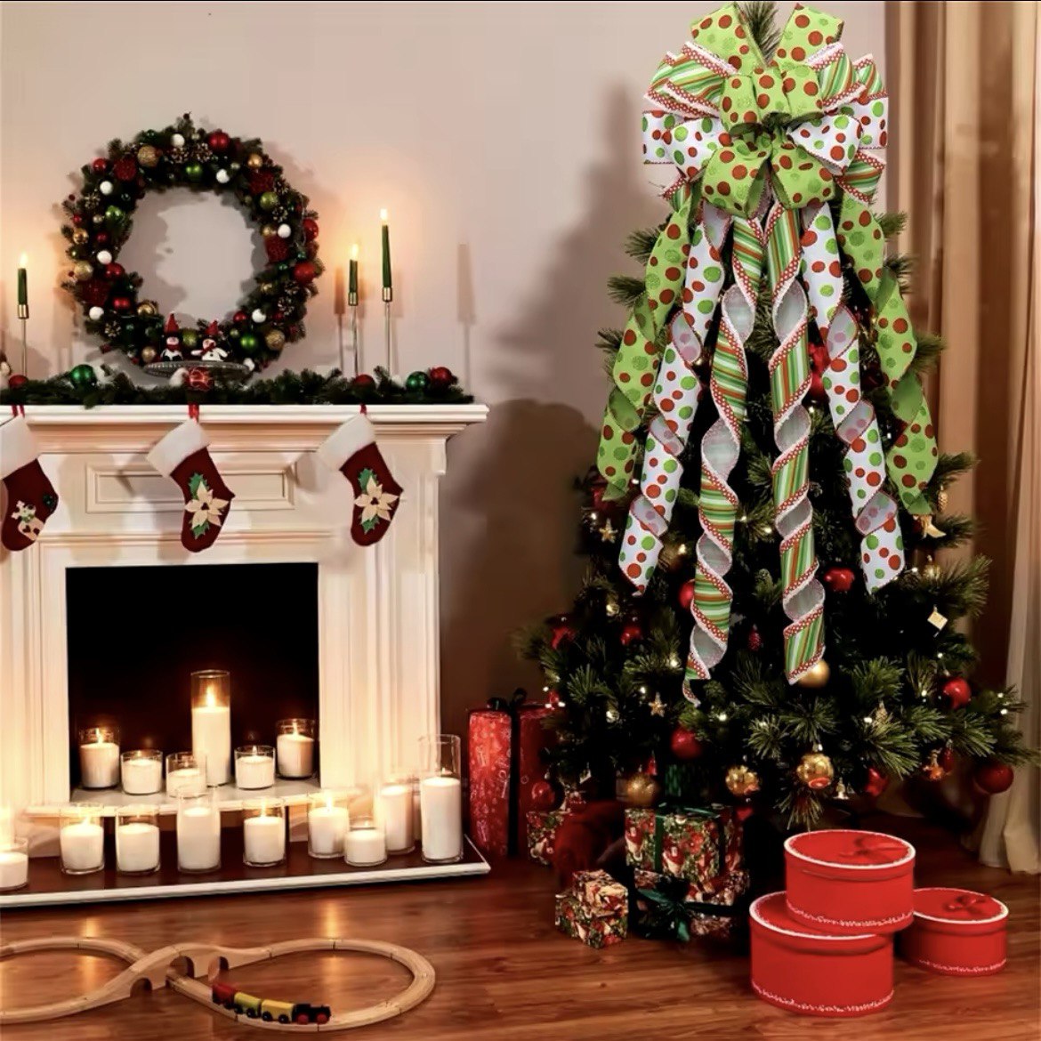 Christmas Tree Topper Wreath Bow Large Green Christmas Bow Tree Topper Red Green Dot Gift Bow for Xmas Ornament Holiday Decoration