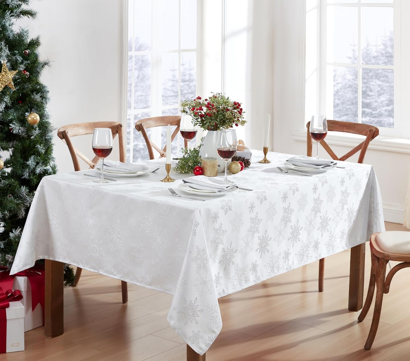 Metallic Snowflake Christmas No-Iron Soil Resistant Fabric Holiday Tablecloths - 52 X 70 Oblong, White-Silver