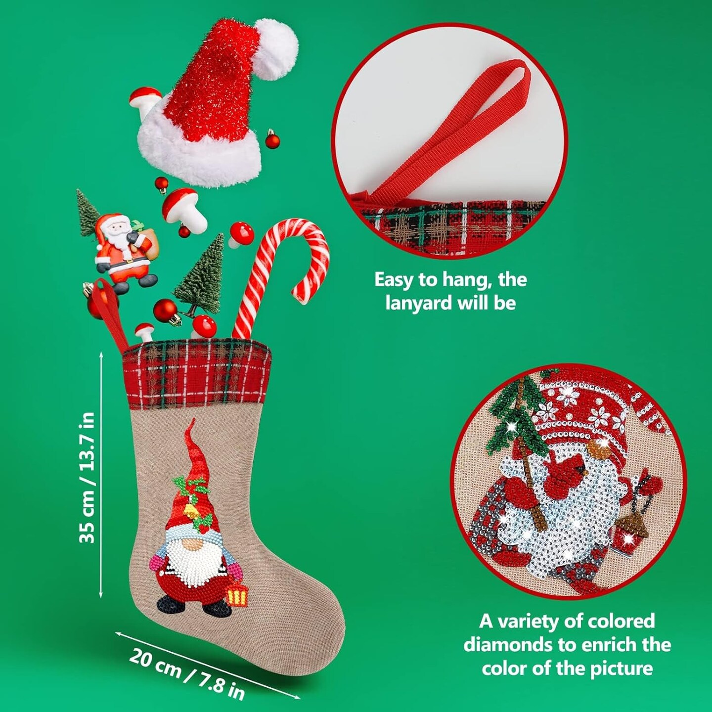 3 Pcs Christmas Diamond Art Stockings 5D DIY Gnomes Diamond Art Christmas Candy Storage Fireplace Hanging Stocking Personalized Present Stockings Christmas Gnomes Decorations for Holiday Favor