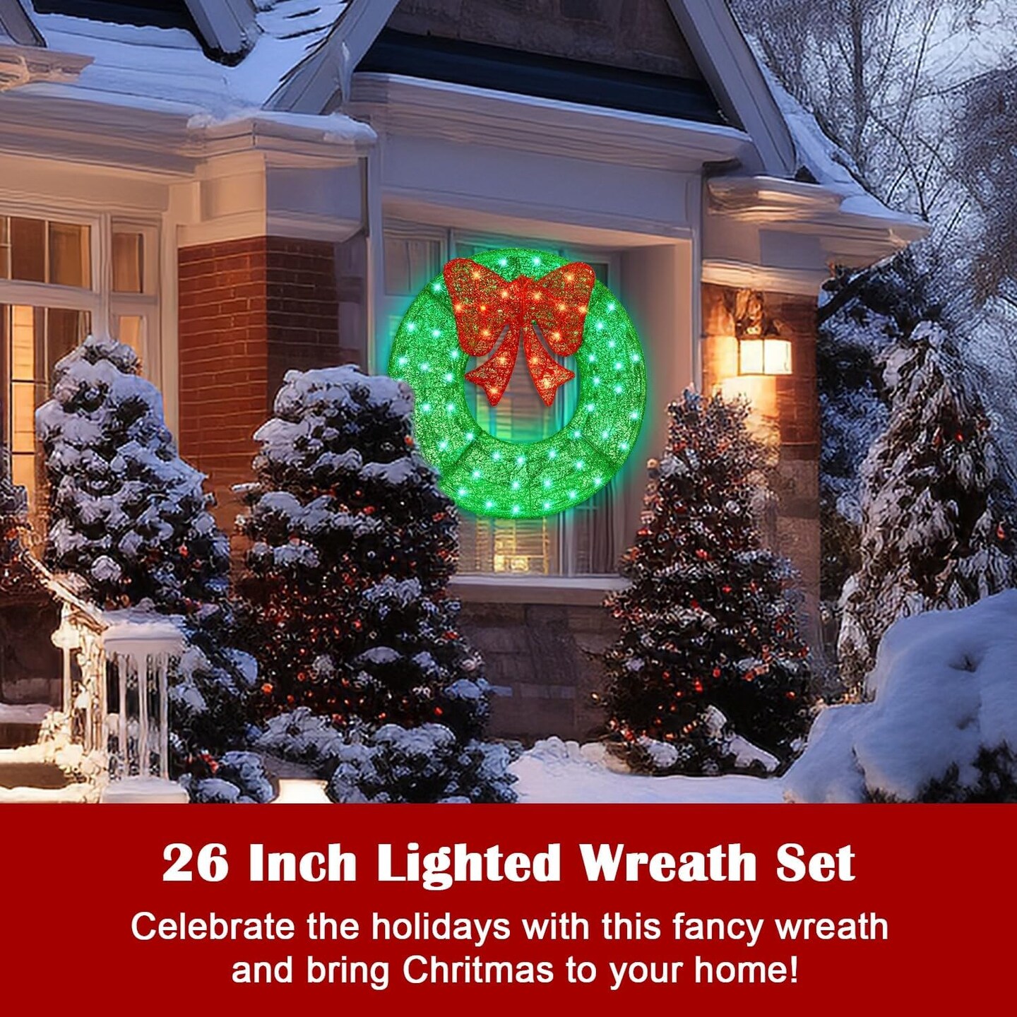 26 Inch Christmas Wreath, Outdoor Christmas Wreath Decoration, Lighted Xmas Wreath for Christmas Home Wall Door Decoration (Green)