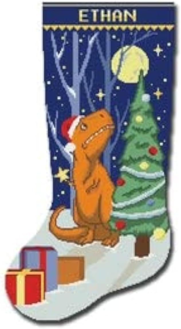 Stamped Personalized Christmas Stockings Cute Xmas Dinosaur Needlepoint Counted Easy Simple Cross-Stitch Patterns for Beginners, Embroidery Kit for Holiday Home Decor DIY