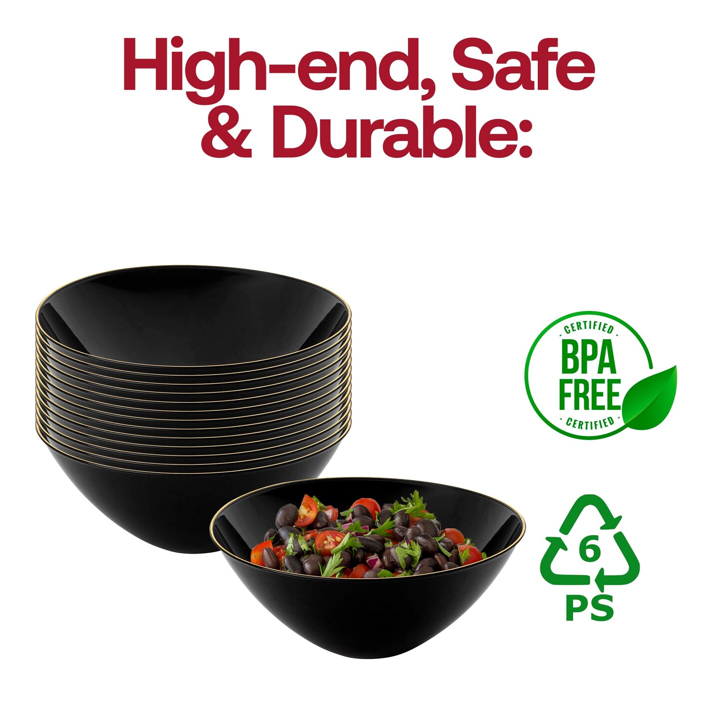 Black with Gold Rim Organic Round Disposable Plastic Bowls - 32 oz. (60 Bowls)
