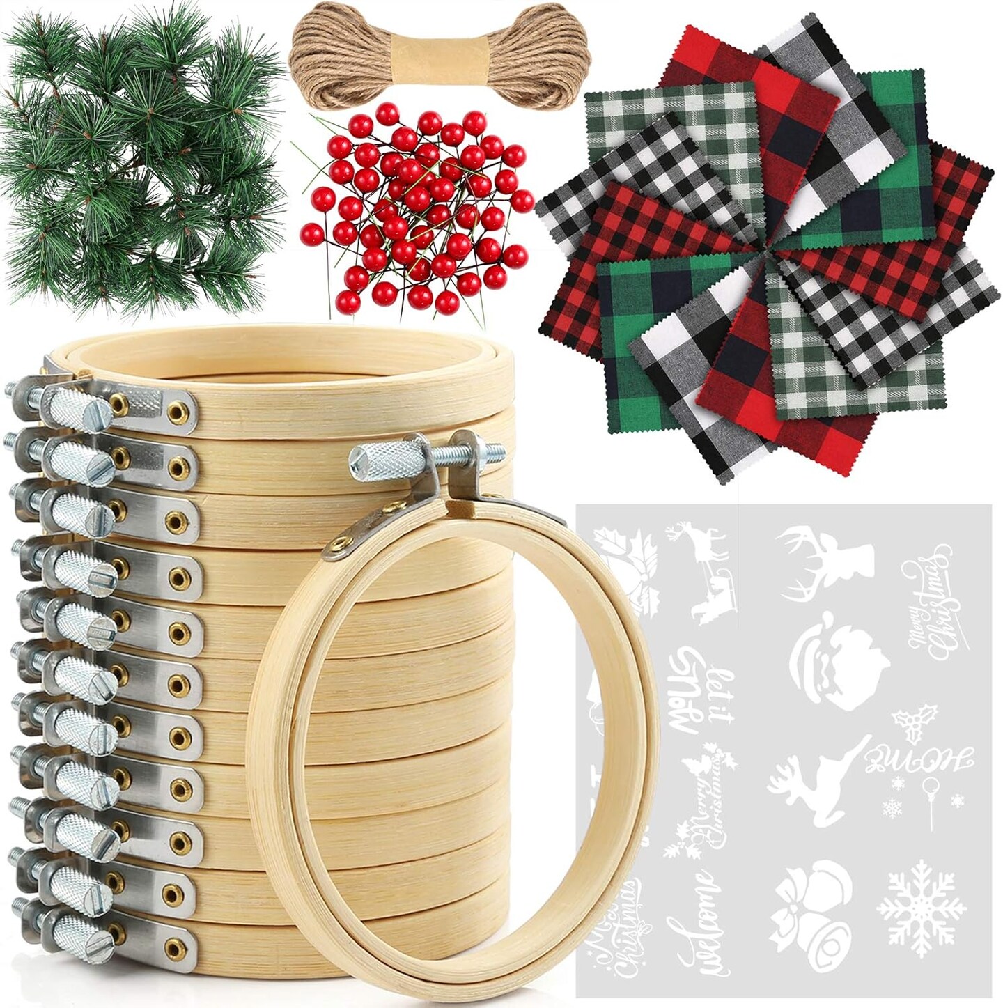 12 Set Christmas Ornament Kit Include 12Pcs 3 Inch Embroidery Hoop, Christmas Plaid Fabric, Heat Transfer Pattern, Artificial Pine Needles, Artificial Berrie for DIY Christmas Decoration