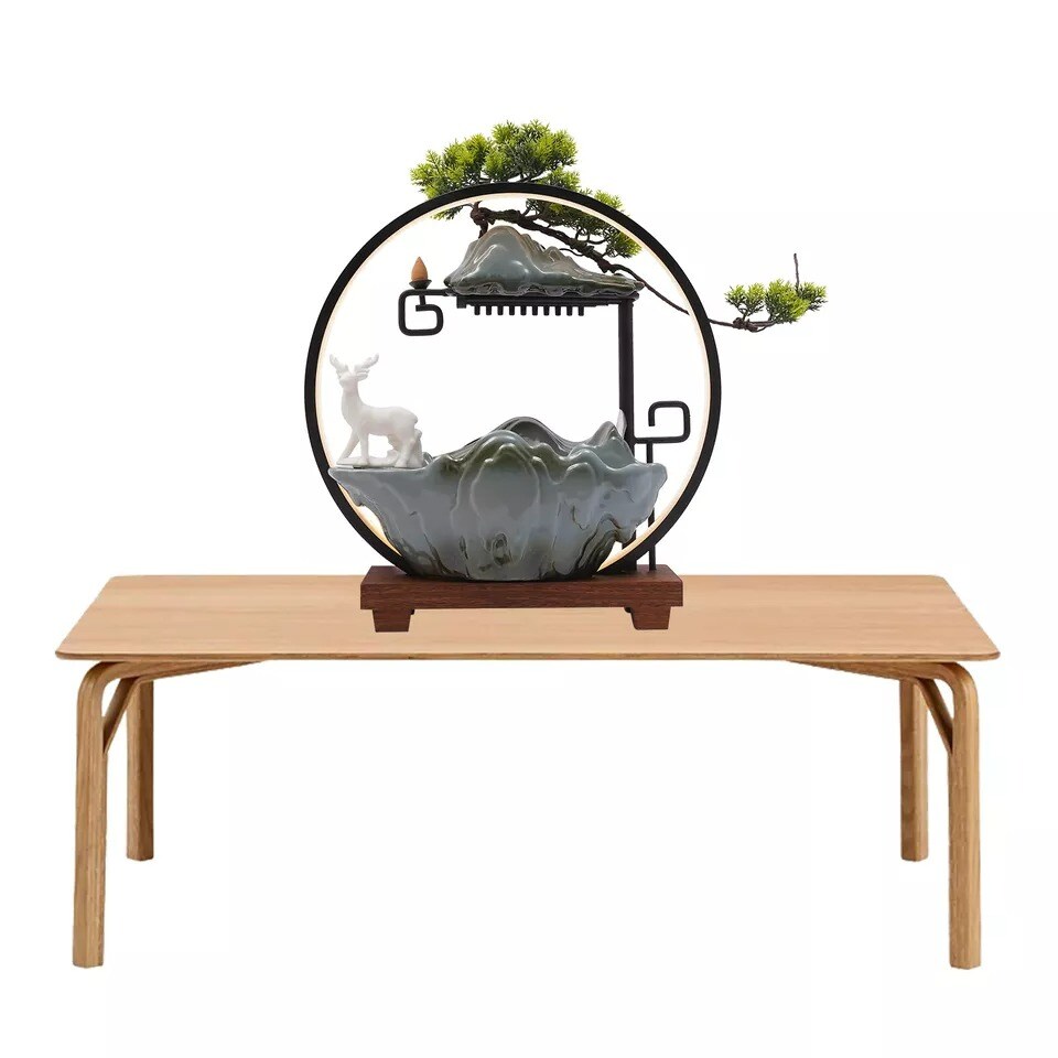 Indoor Water Fountain with Mist LED Light Incense Burner Waterfall Table Decor