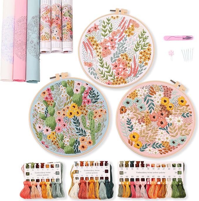 Patterns and Instructions, DIY Adult Cross Stitch Kits Beginner, Including 3 Plastic Embroidery Rings, 1 Scissors, Colored Threads and Needles